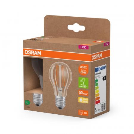 2er Set OSRAM E27 LED Lampe Classic klar 3,8W wie 60W warmweißes Licht 2700K - Energy efficiency class A - besonders effizient